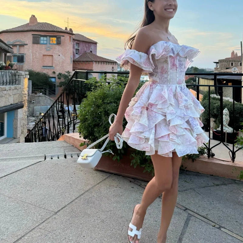Vestido corto de gasa rosa dulce para mujer, moda con flores en 3D, manga abombada grande, cuello en V, cintura alta, línea A, Vestidos en capas, batas de señora nueva
