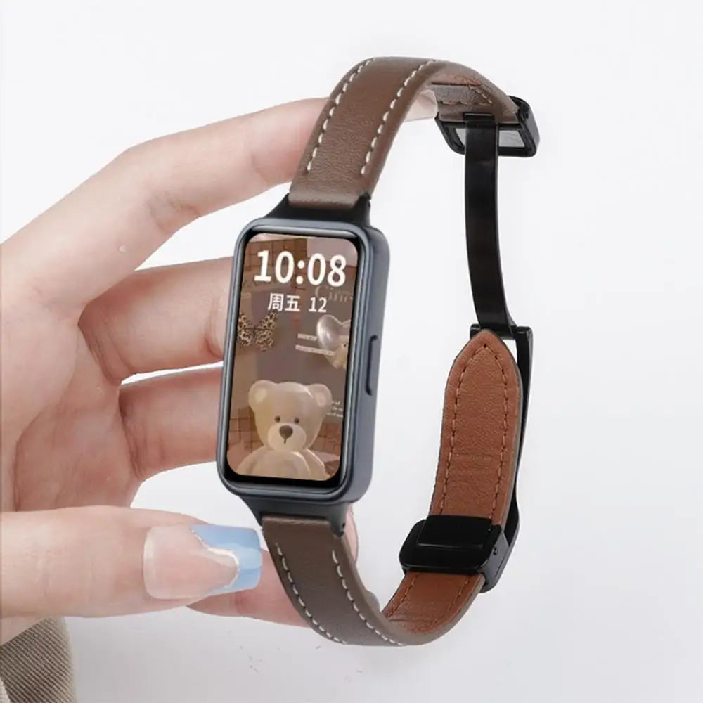 Correa de cuero magnética para Huawei Band 10, 9, 8, NFC, repuesto deportivo suave, Correa transpirable, pulsera, accesorios