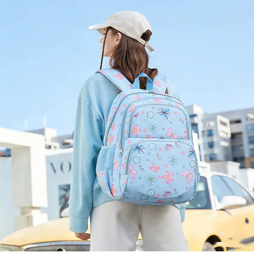 Juego de 3 Piezas de Mochila Escolar para Niños con Estampado de Mariposas y Flores, Resistente al Agua, Ligera, con Lonchera Aislada y Estuche para Lápices