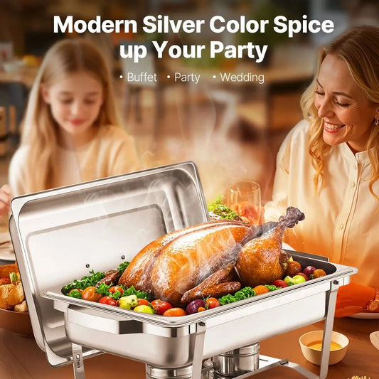 SucceBuy plato de frotamiento rectangular de 8 cuartos, 2/4/6 paquetes con sartenes de tamaño completo, calentador de Catering para Buffet, servidor, soporte plegable, bandeja de soporte de combustible