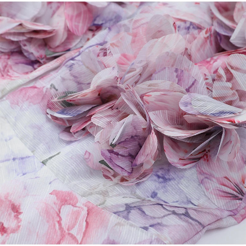 Vestido corto de gasa rosa dulce para mujer, moda con flores en 3D, manga abombada grande, cuello en V, cintura alta, línea A, Vestidos en capas, batas de señora nueva