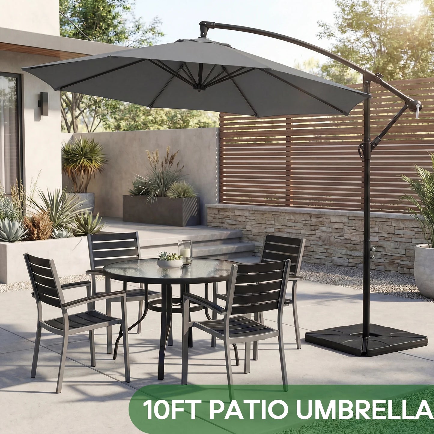 JHK 9.8FT Outdoor Offset Patio Umbrella with Base Hanging Cantilever with Easy Tilt Adjustment UV Protection 8 Sturdy Ribs