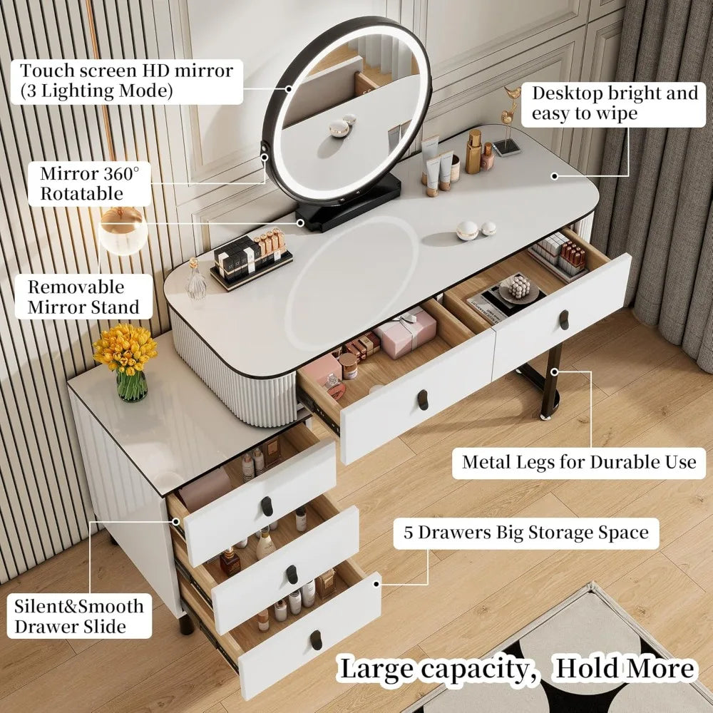 Pequeño tocador de maquillaje con espejo y luces LED |   Tocador moderno estriado con cajones y cabina lateral ajustable reversible