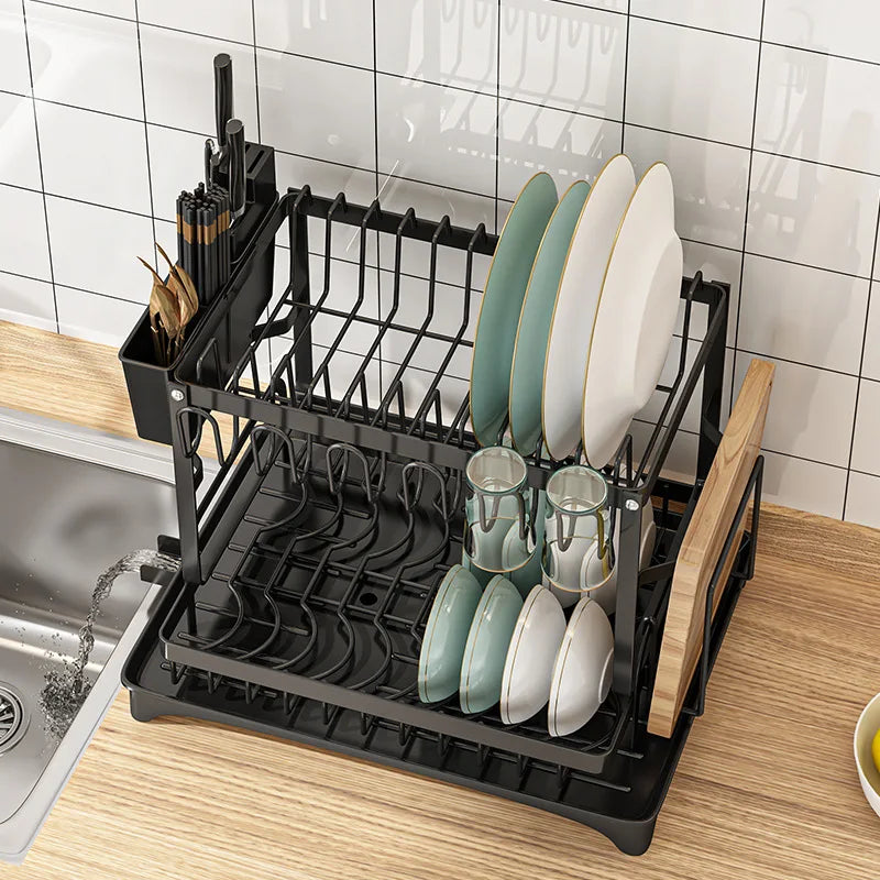 Estante de secado de platos de 2 niveles, escurridor de cuencos de cocina, estante de almacenamiento, vajilla, drenaje, palillos, cuchillo, tenedor, soporte de almacenamiento de vasos de agua de 2 niveles