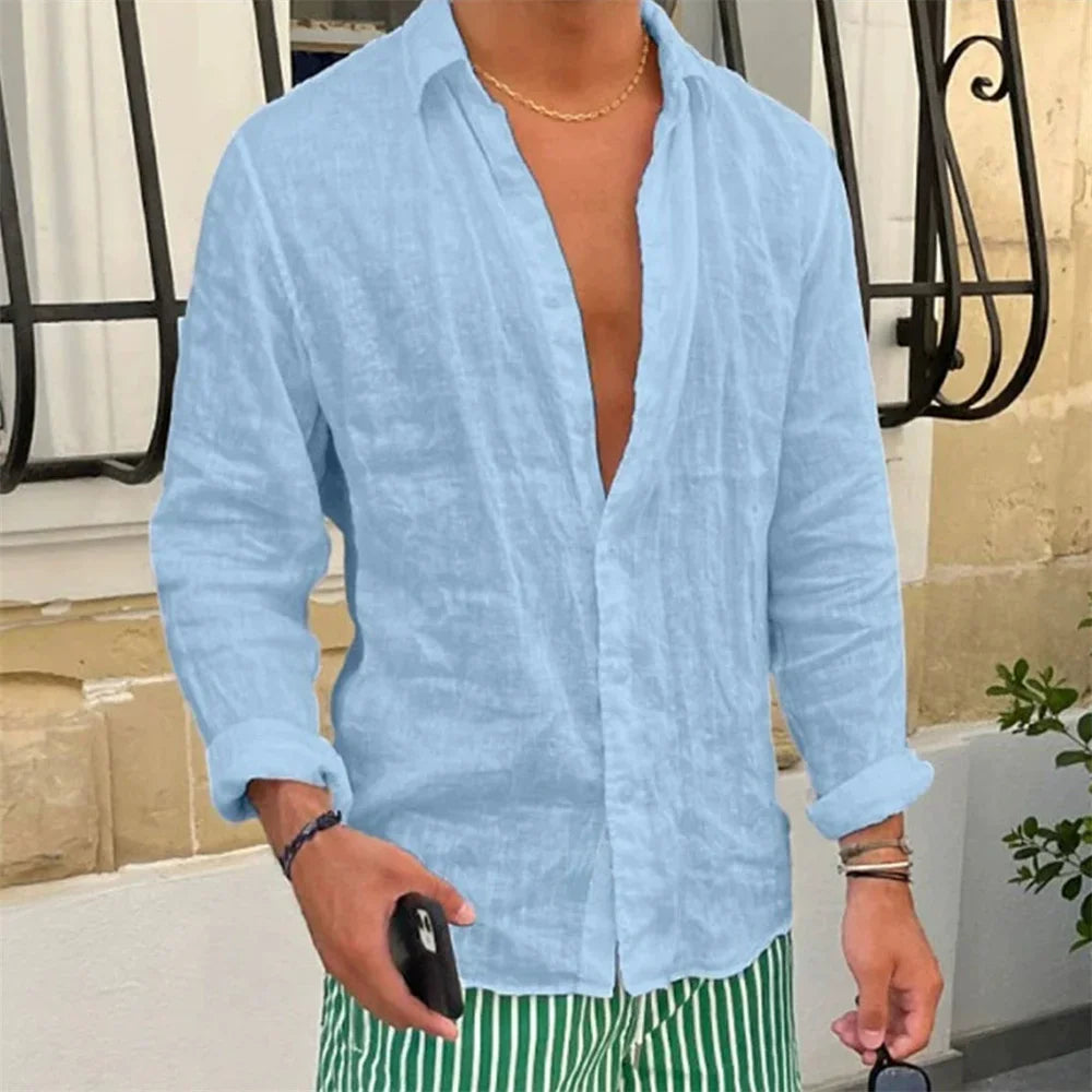 Camisa de lino y algodón para hombre, Tops informales de manga larga de Color sólido con solapa ajustada, estilo Simple, transpirables con botones, primavera y otoño
