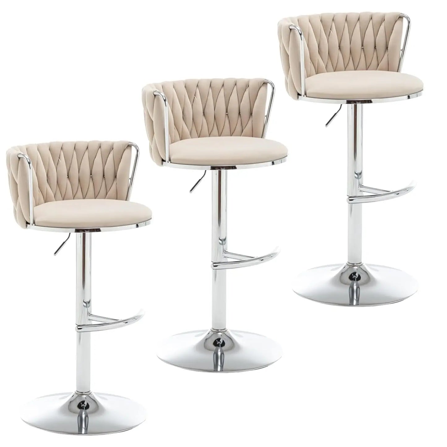 Juego de 3 Taburetes de Bar de Terciopelo Dorado, Taburetes Giratorios con Respaldo para Barra de Cocina, Ajustables y Tejidos, Personalizables