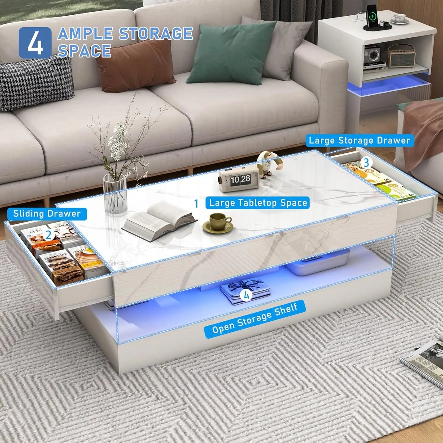Mesa de Centro Moderna y Elegante con Luces LED, Diseño de Doble Capa para Sala de Estar con 2 Cajones de Almacenamiento