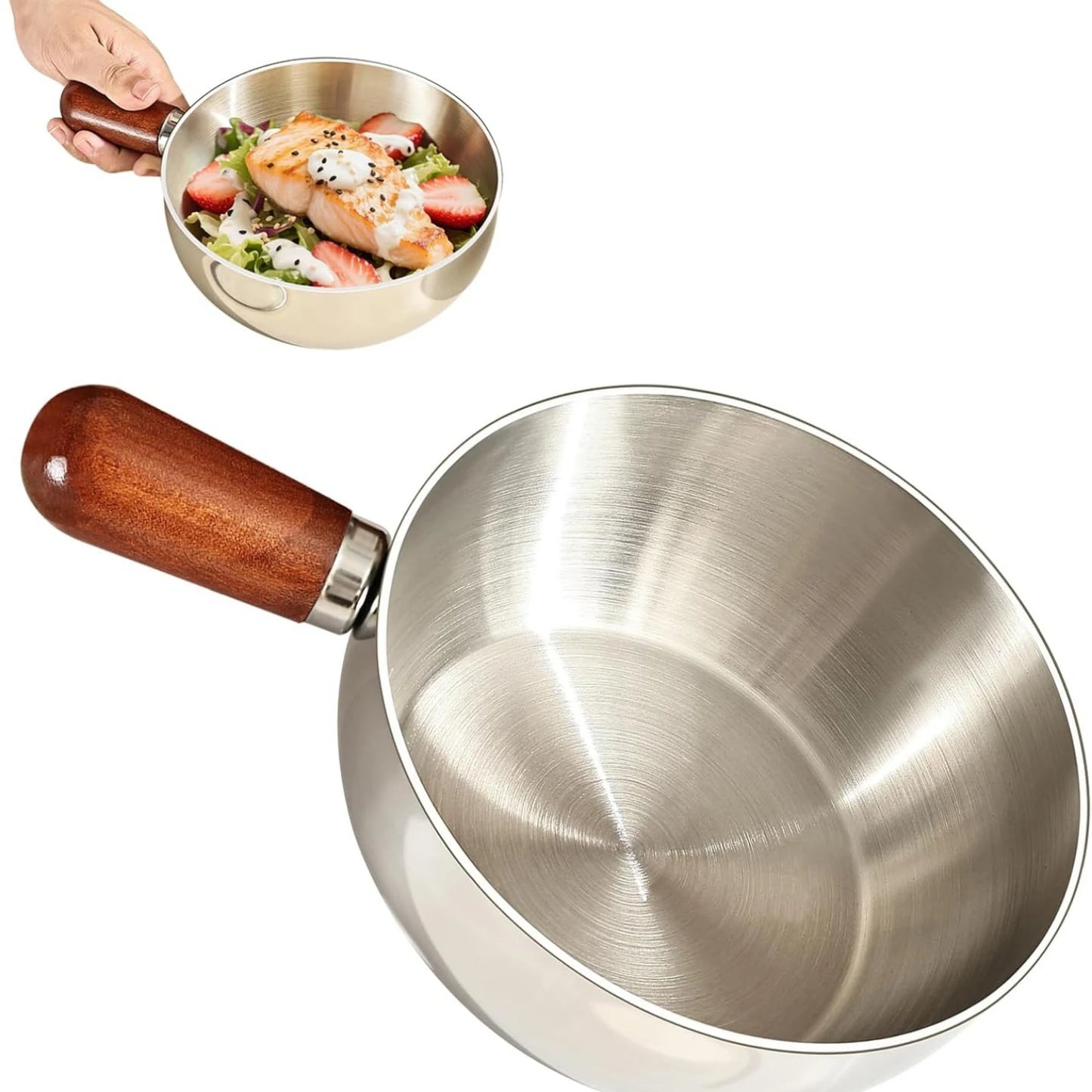 Olla para Leche de Acero Inoxidable con Mango de Madera Resistente al Calor, Base Antideslizante, Mini Cacerola para Calentar Leche