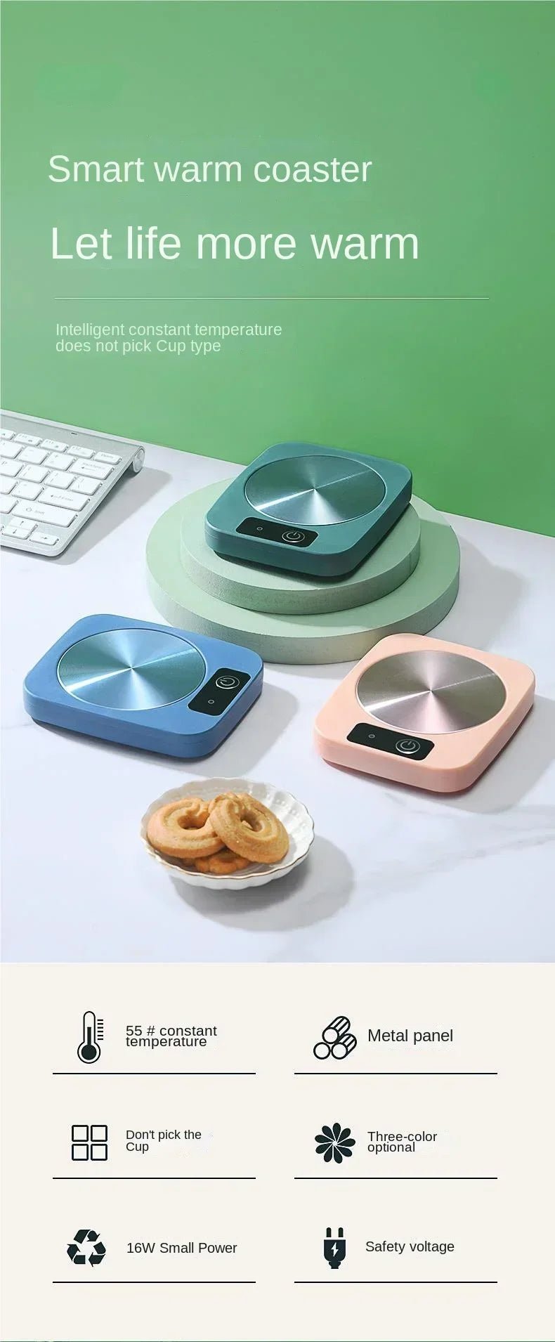 55 ℃   Posavasos Calefactor de Temperatura Constante, Calentamiento Uniforme, Compatible con Cualquier Forma de Taza, Inicio con un Clic, Apto para Café, Leche, Té, Enchufe Estadounidense