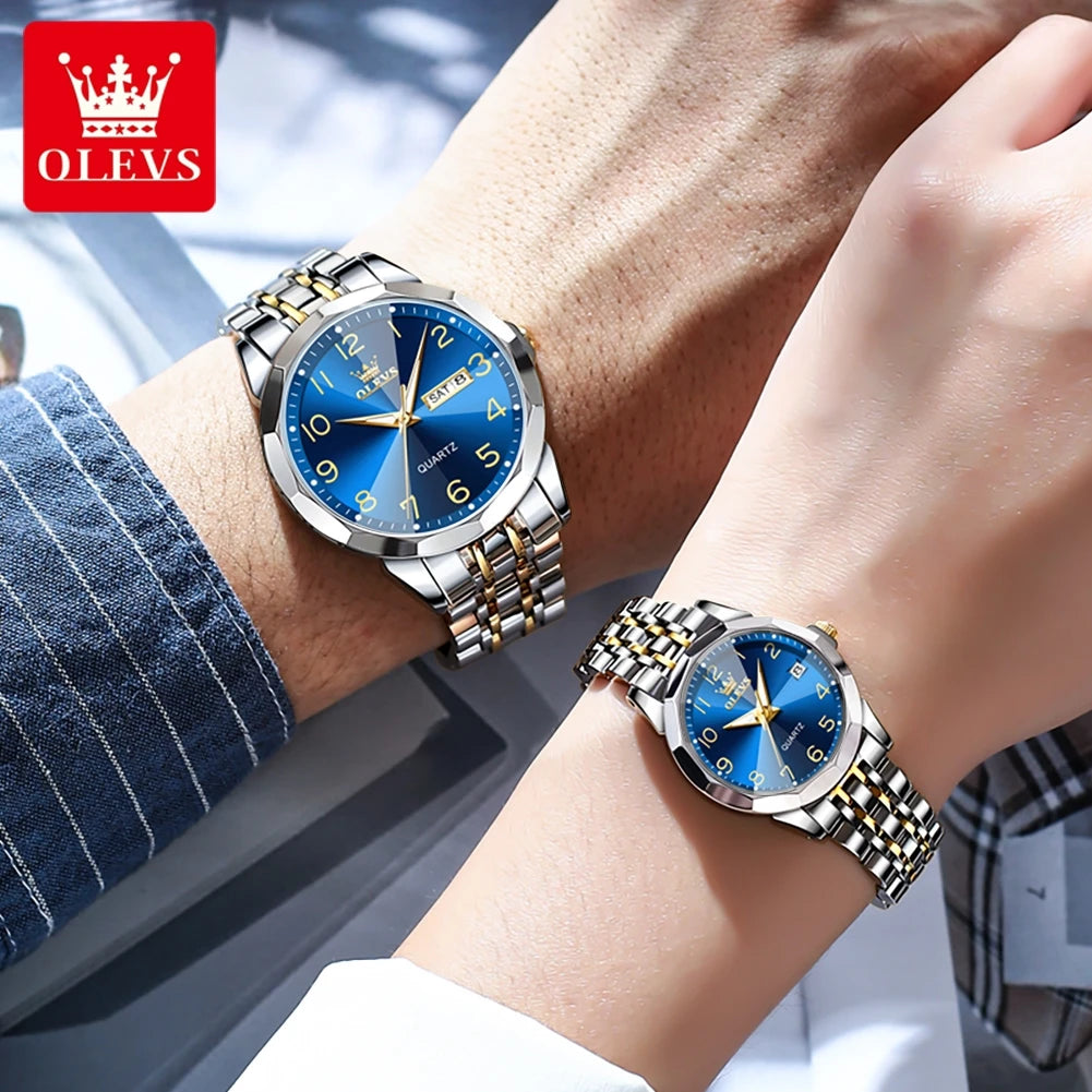 OLEVS 9970 reloj de lujo para parejas, reloj de pulsera con calendario resistente al agua de acero inoxidable para hombres y mujeres, reloj para amantes del espejo con rombos y esfera Digital