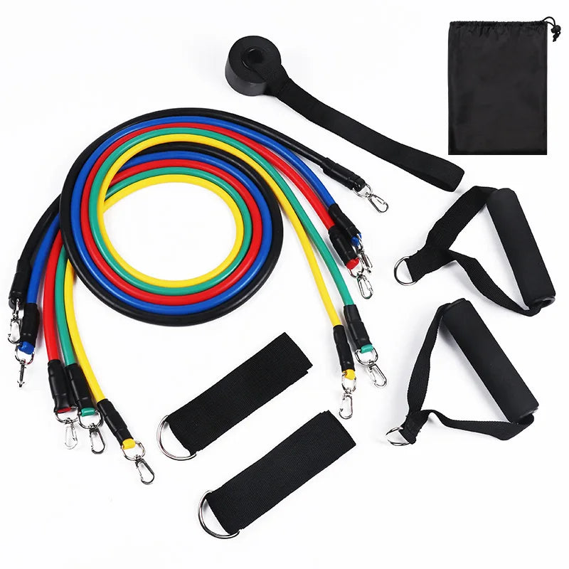 Set de Bandas de Resistencia TPE (11 piezas) con Cuerda de Tracción, Bandas Elásticas de Entrenamiento, Anclaje para Puerta, Asas, Bolsa de Transporte y Correas para Piernas y Tobillos
