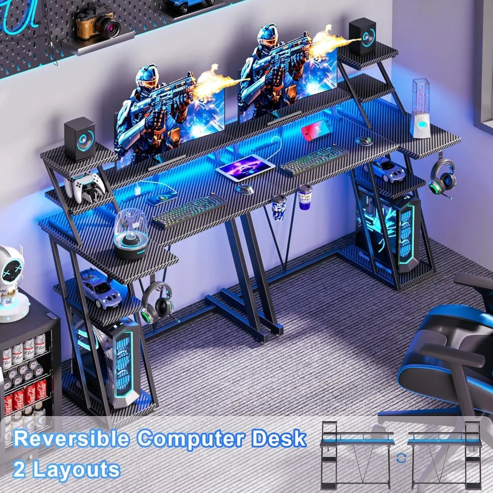 Escritorio para juegos premium de 39 pulgadas con luces LED y toma de corriente, escritorio pequeño para computadora para juegos con estantes de almacenamiento, trabajo para jugadores en forma de L