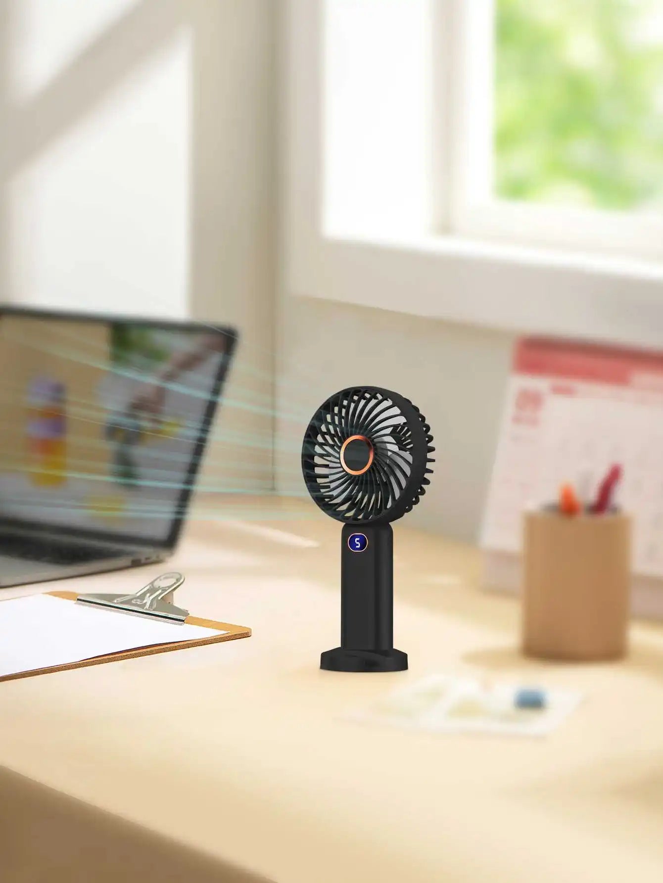 Ventilador portátil de mano, miniventilador recargable por USB, pantalla Digital, ajuste de 5 velocidades, adecuado para viajes, exteriores, oficina y hogar
