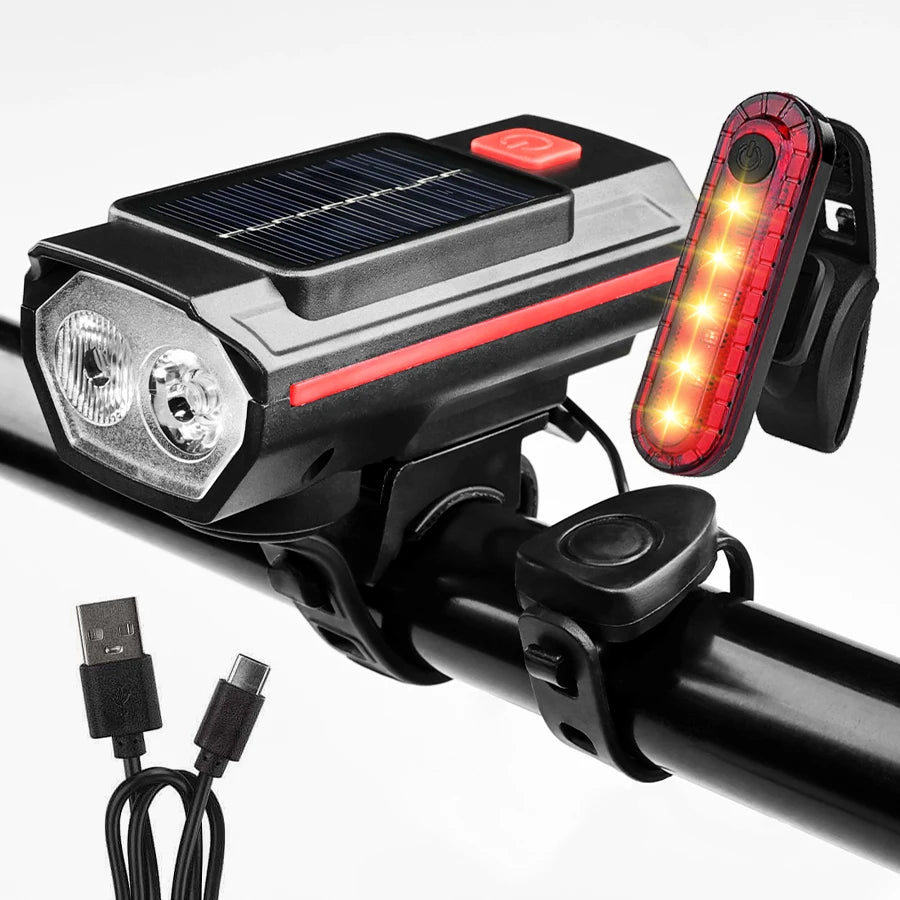 Luz Solar para bicicleta con bocina, 120dB, TYPE-C, carga rápida, lámpara frontal para bicicleta de montaña y carretera, linterna para bicicleta de 1200 mah