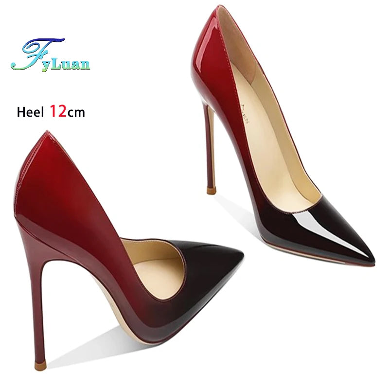 6CM 8CM 10CM 12CM temperamento zapatos individuales señoras negro rojo Color degradado verano puntiagudo charol tacones finos mujeres bombas