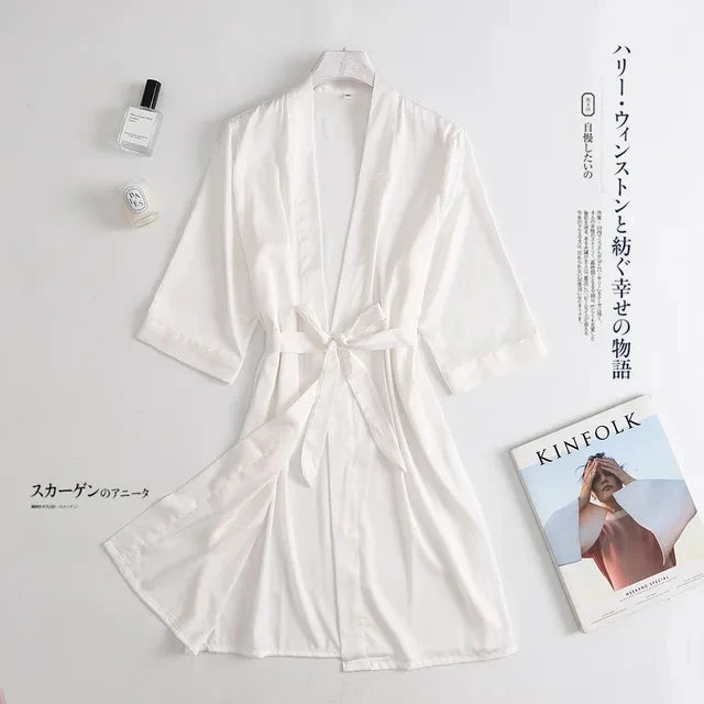 Bata de Novia Blanca para Mujer, Kimono de Satén de Seda, Ropa de Dormir Holgada con Manga 3/4, Lencería