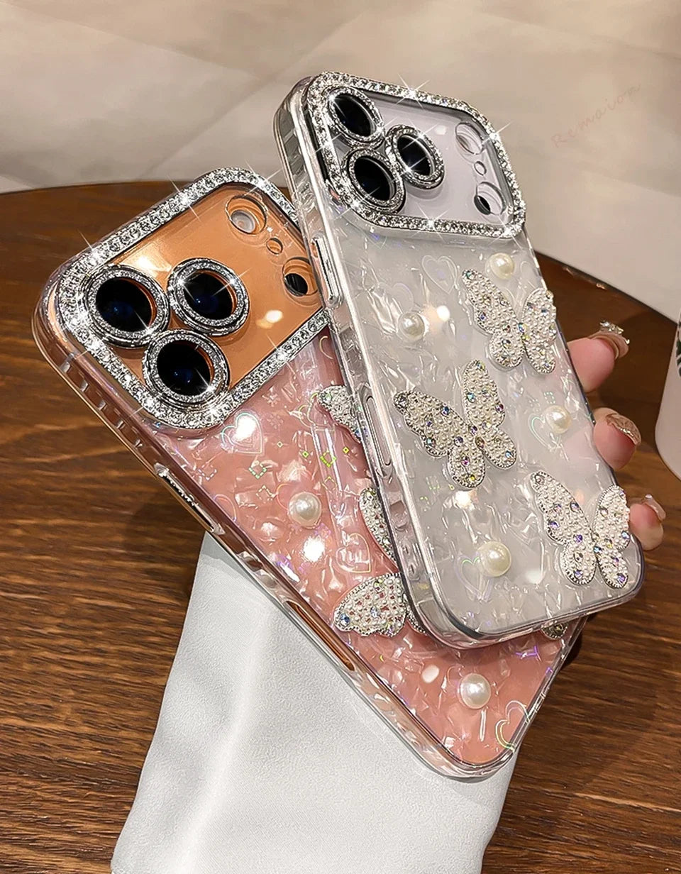 Funda de teléfono con purpurina y diamantes para iPhone 17 Air 11 12 13 16 Pro Max 15 14 16 Plus 17Pro Max, funda protectora de mariposa bonita