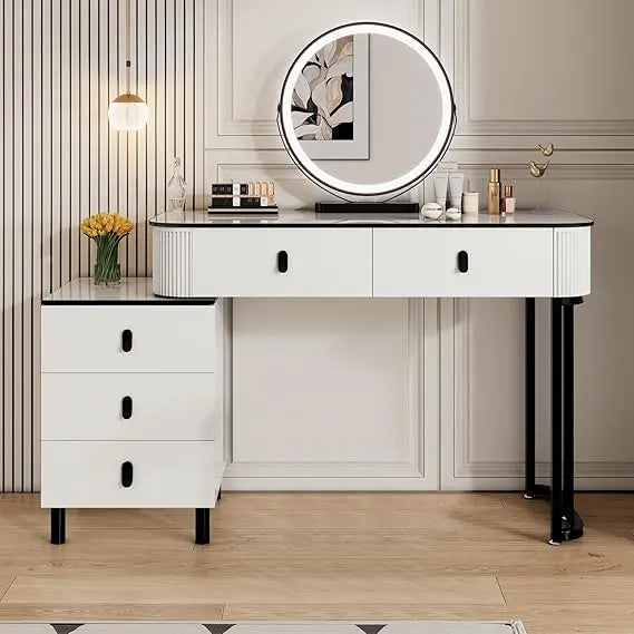 Pequeño tocador de maquillaje con espejo y luces LED |   Tocador moderno estriado con cajones y cabina lateral ajustable reversible