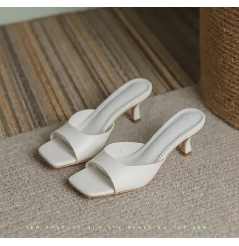 Pantuflas de Tacón Alto para Mujer, Pantuflas de Cuero Vacuno de Lujo, Pantuflas de Moda con Punta Cuadrada, Pantuflas de Tacón Alto con Punta Abierta para Verano