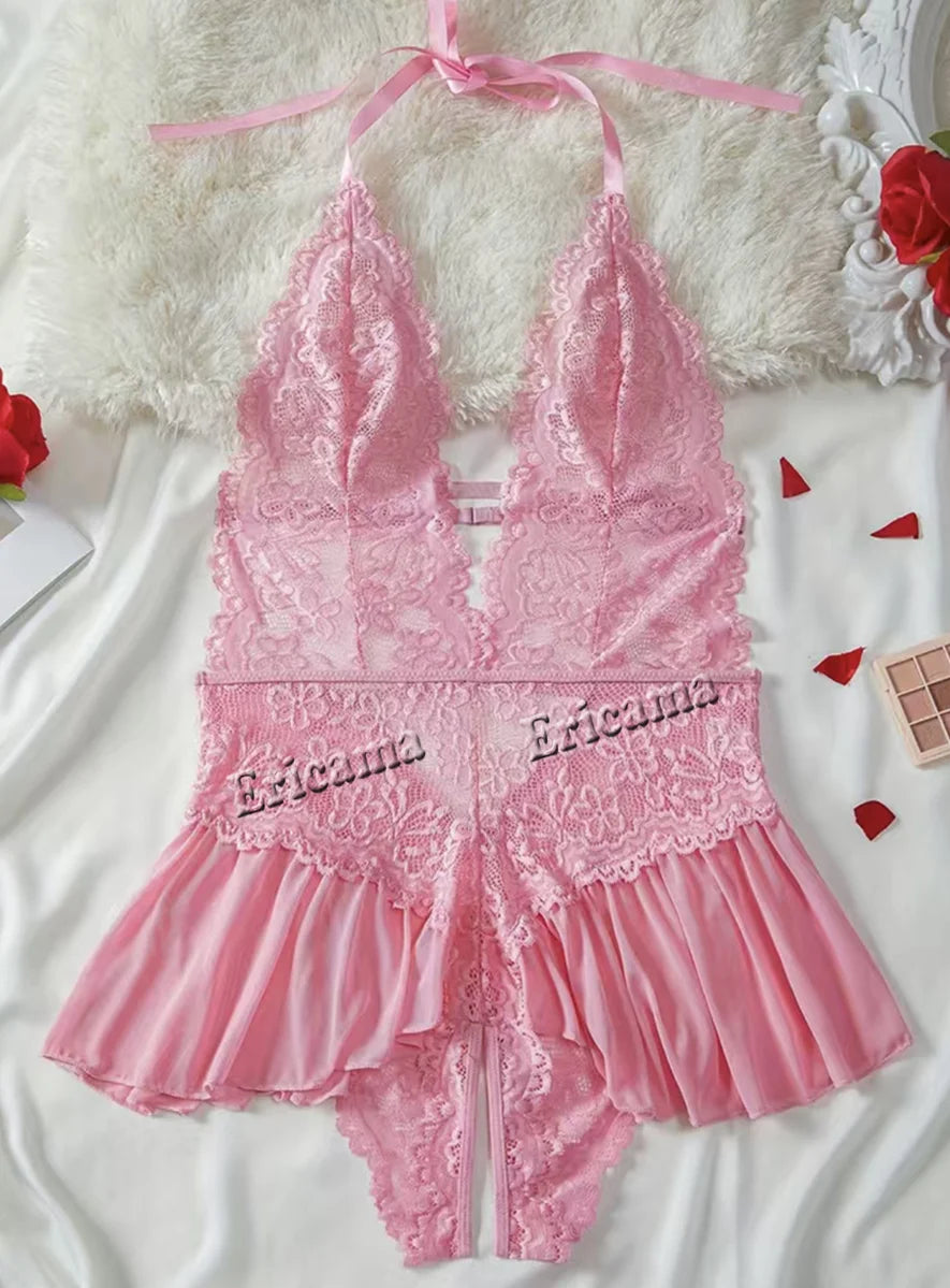 Conjunto de lencería erótica hueca de realce para mujer, ropa interior transparente de encaje, conjunto de sujetador erótico ajustado, vestido de dormir Sexy de encaje a la moda
