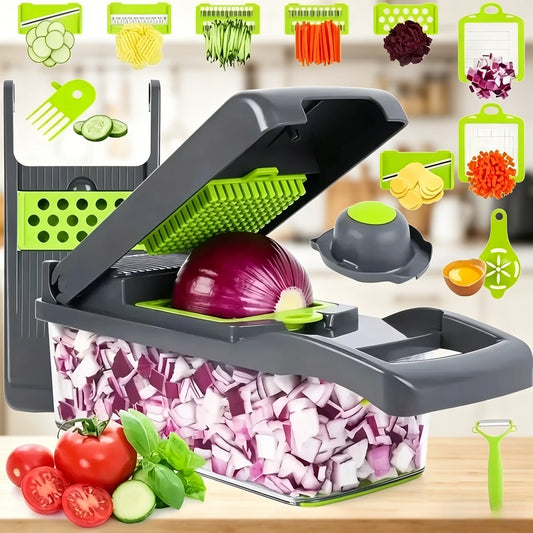 Picador de Verduras Multifuncional con Mango, 14/16 en 1, Rebanador, Cortador en Cubos, Rallador de Alimentos, Gadget de Cocina