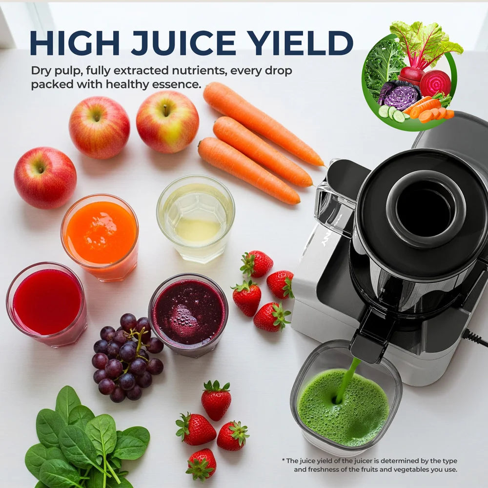 ROUNY Exprimidor lento, extractor de prensa en frío con sin filtro, máquina exprimidora de frutas eléctrica de fácil limpieza con gran calibre, negro