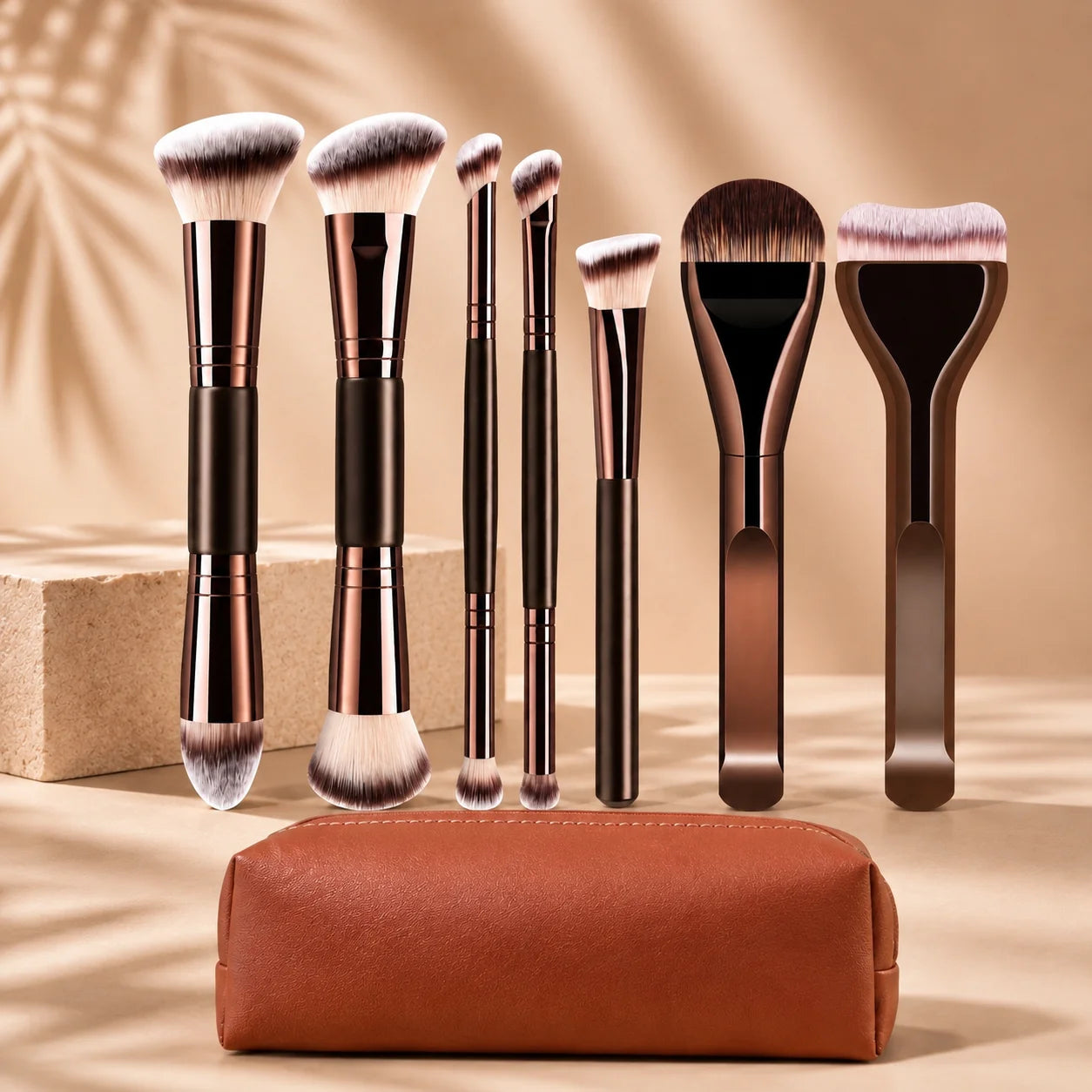 Set de Brochas de Maquillaje Profesional de Doble Punta que Incluye Brocha para Base, Brocha para Contorno, Brocha para Rubor, Brocha para Polvo, Brocha para Sombras de Ojos, C