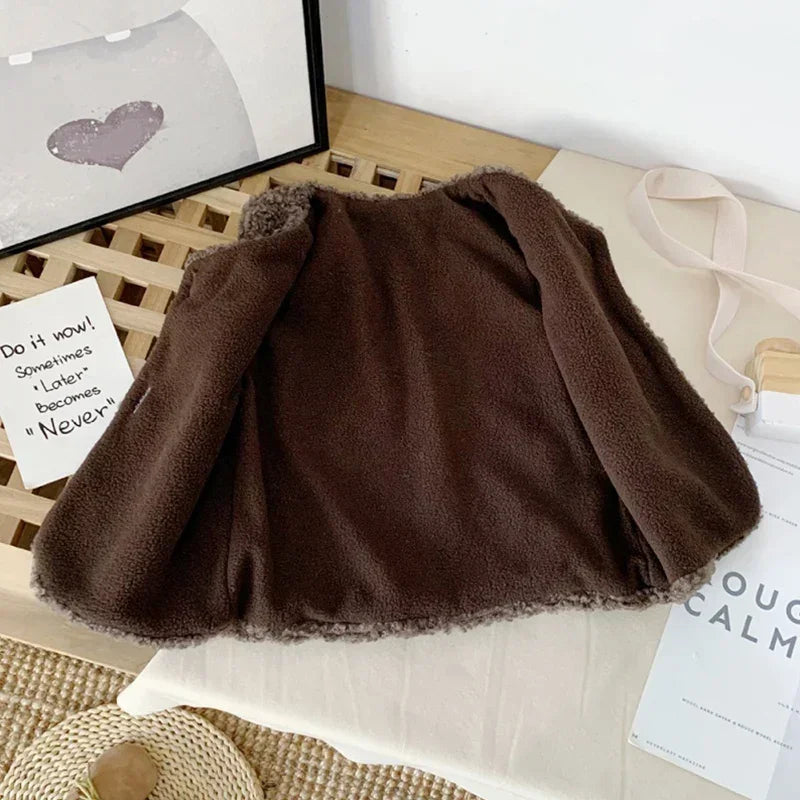 Otoño Invierno bebé lana de cordero más chaleco de terciopelo niñas niños chaleco de felpa de un solo pecho cuello en V niño cálido moda abrigo cálido