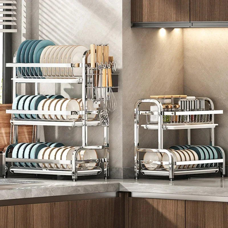 Estante para vajilla de 3 niveles, secado de platos de acero inoxidable 304 con bandeja, soporte de almacenamiento para mostrador de cocina con organizador de tabla de cortar