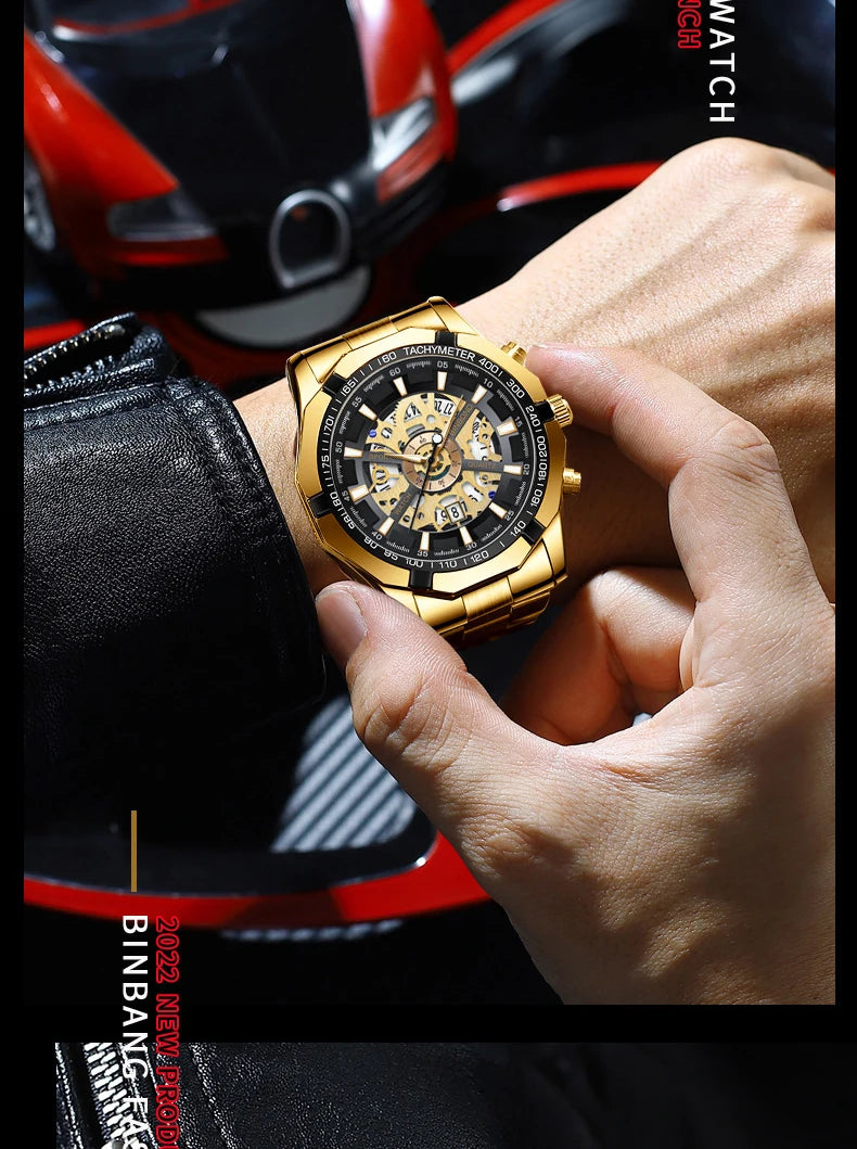 Relojes BINBONG de negocios para Hombre, Reloj de cuarzo luminoso con calendario resistente al agua para Hombre, Reloj de acero inoxidable para Hombre