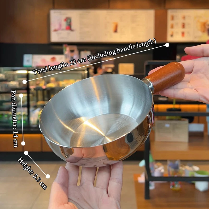 Olla para leche de acero inoxidable con mango de madera, olla compacta para cocinar, adecuada para freír huevos y calentar leche