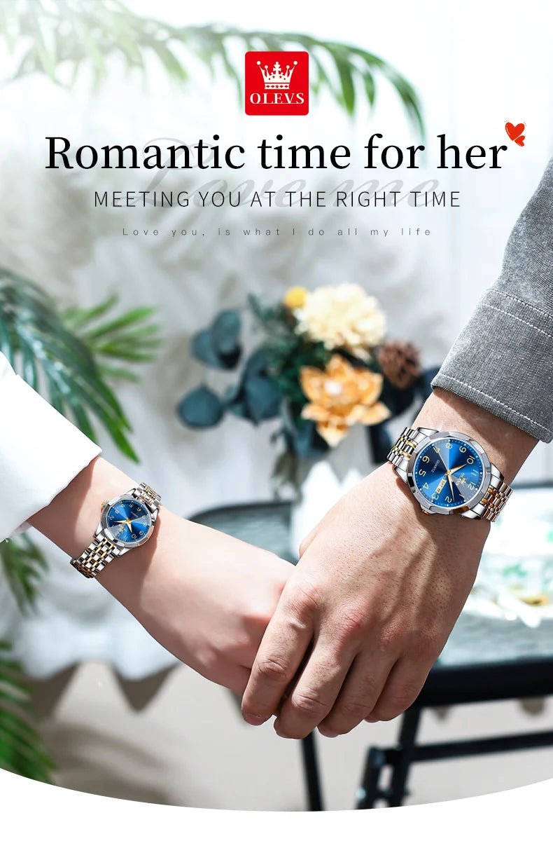 OLEVS 9970 reloj de lujo para parejas, reloj de pulsera con calendario resistente al agua de acero inoxidable para hombres y mujeres, reloj para amantes del espejo con rombos y esfera Digital