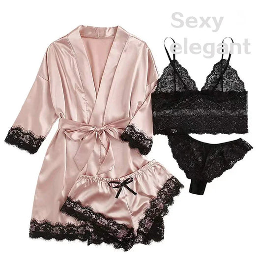 4 piezas ropa de dormir para mujer pijamas Ser con bata lencería de encaje Sexy Albornoz satén de seda ropa de dormir para el hogar bata