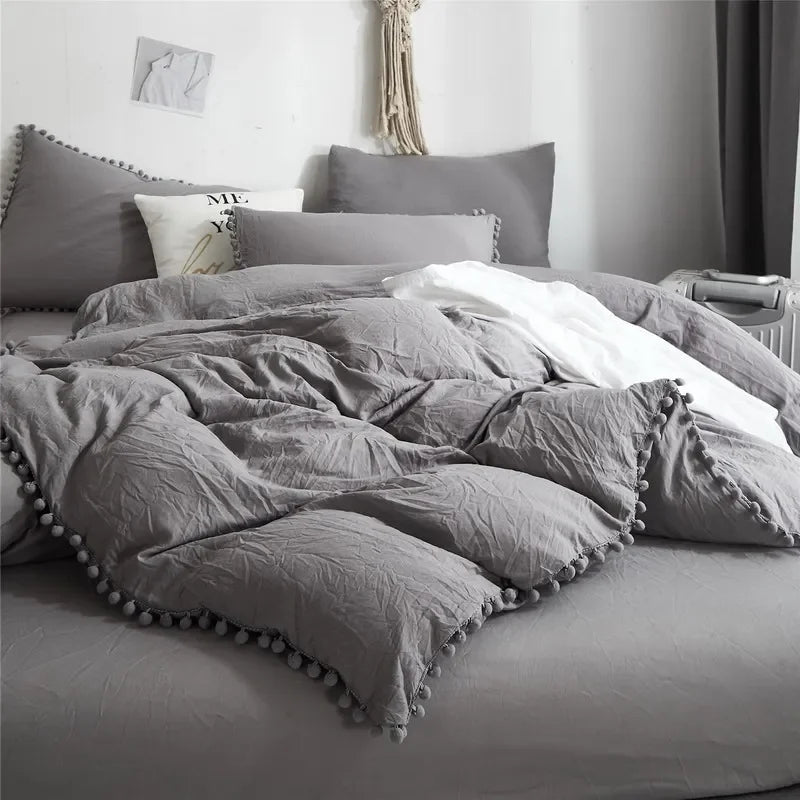 Funda de edredón suave y lavada, Juego de 3 piezas, funda de almohada, juego de ropa de cama para Twin, Full, Queen, King Size, decoración de pompones