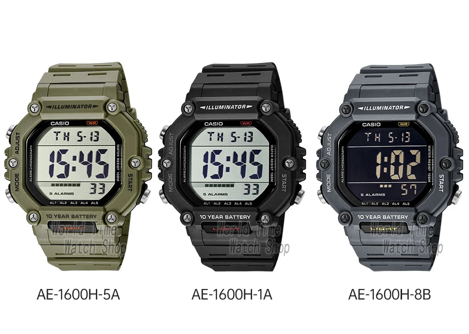 Reloj Casio con batería de 10 años de duración, 100m, resistente al agua, moda deportiva, reloj electrónico multifunción para exteriores, reloj masculino AE-1600