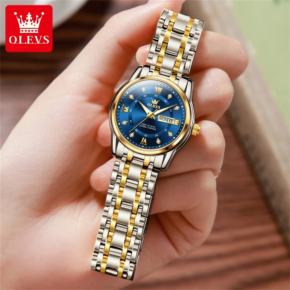 Relojes OLEVS para mujer, reloj de pulsera luminoso resistente al agua de acero inoxidable Original dorado a la moda, reloj clásico elegante para mujer con fecha