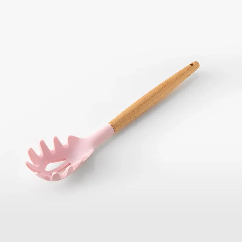 Utensilios de cocina de silicona con mango multifunción de madera, espátula antiadherente, cucharón, batidor de huevos, pala, rosa, nuevo