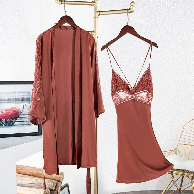 Sexy Intimate Lingerie Perspective Nightwear Lace Patchwork Home Wear Robe Suit Lady Kimono Gown Sleepwear Satin Nighty Bathrobe