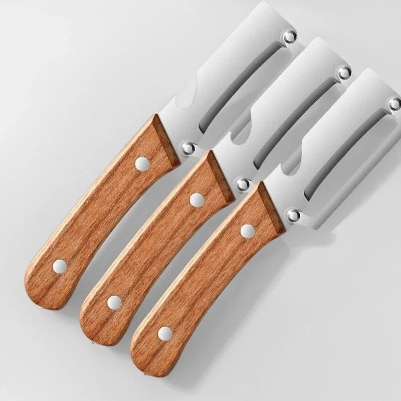 Juego de 2 peladores de cocina de acero inoxidable con mango de madera para pelar y cortar frutas y verduras, herramienta de cocina
