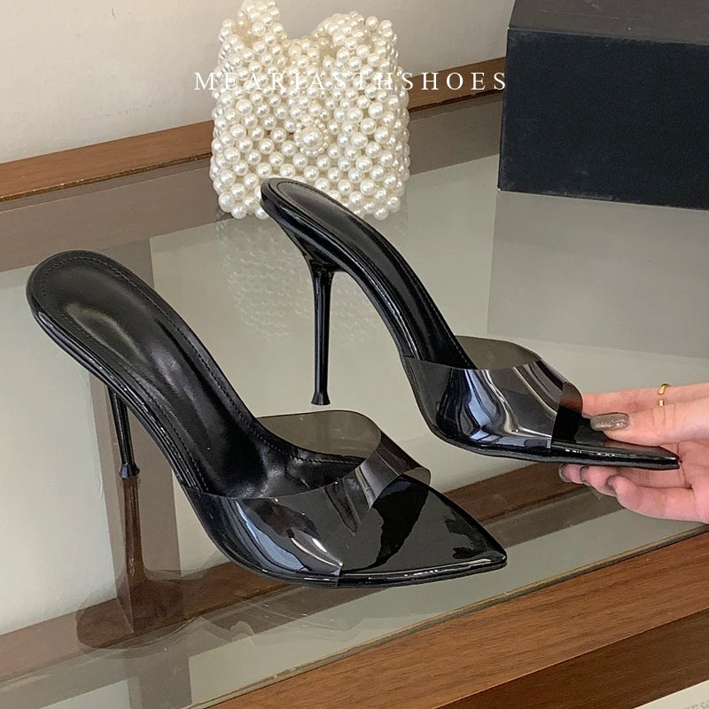 Zapatillas de tacón alto transparentes, sandalias altas sin cordones con punta abierta y tacón fino a la moda, estilo descalzo a la moda