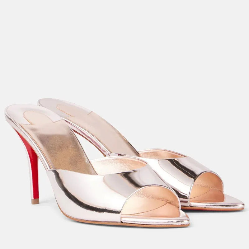 Pantuflas frescas de cuero lacado, versátiles, tacones altos delgados con dedos puntiagudos expuestos, sexys para usar en Europa y América