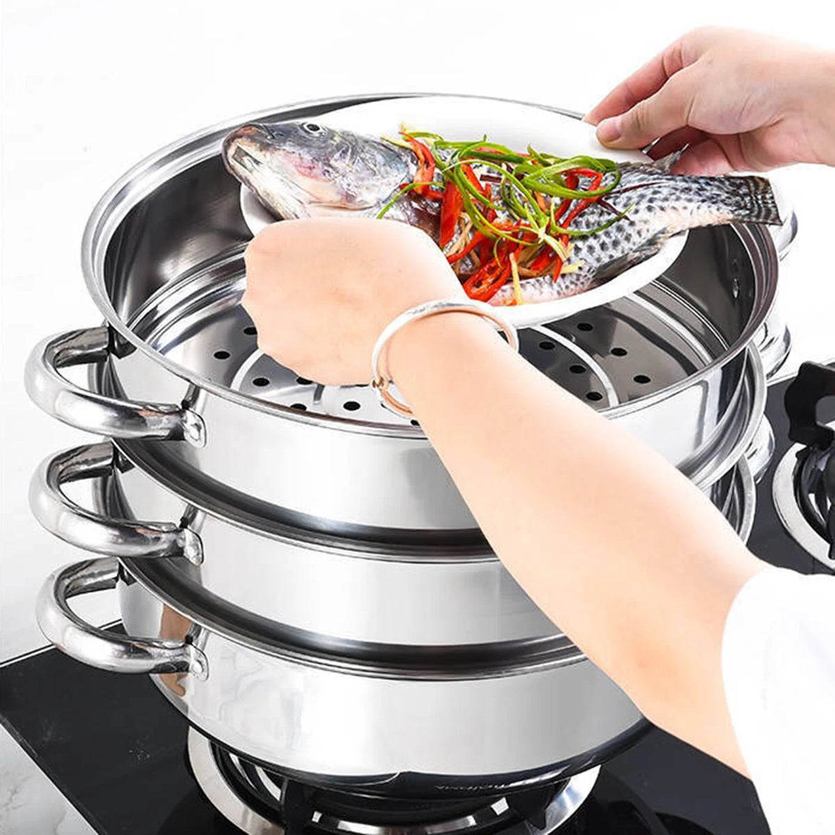 Olla de vapor de acero inoxidable grande para cocinar alimentos y verduras, multifunción, de 3 niveles, 28CM