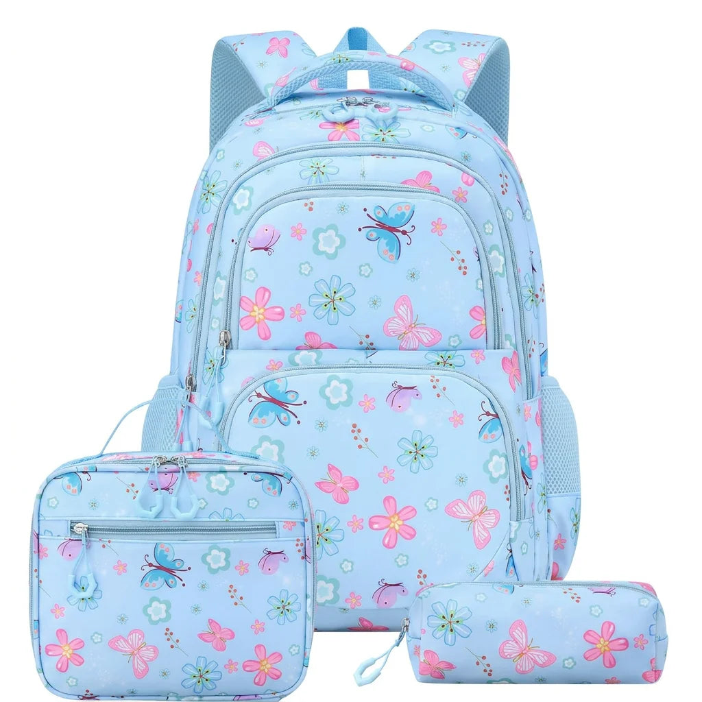 Juego de 3 Piezas de Mochila Escolar para Niños con Estampado de Mariposas y Flores, Resistente al Agua, Ligera, con Lonchera Aislada y Estuche para Lápices