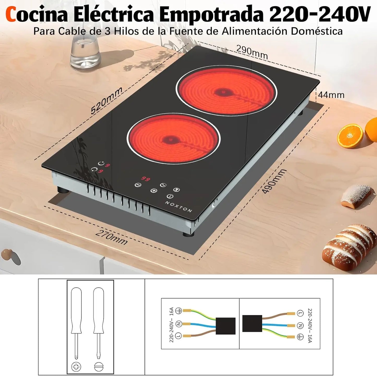 NOXTON Placa vitroceramica 2 Fuegos, 3000W, vitrocerámica 60 cm, Ajuste de 9 velocidades, Bloqueo de seguridad, Indicador de calentamiento, Mandos táctiles