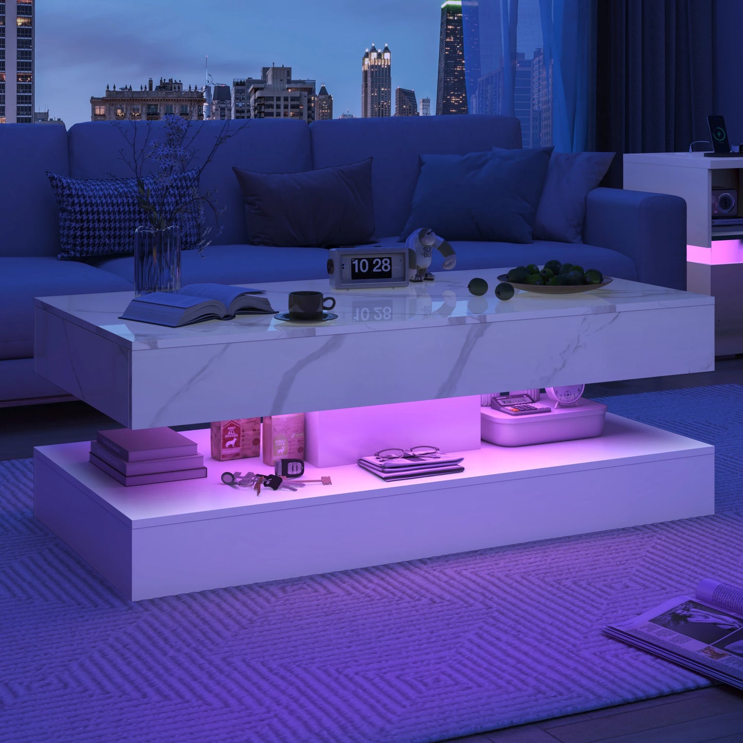 Mesa de Centro Moderna y Elegante con Luces LED, Diseño de Doble Capa para Sala de Estar con 2 Cajones de Almacenamiento