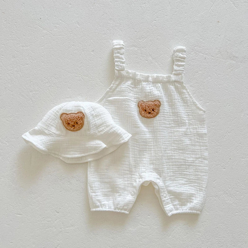 Mono de muselina para bebé, abrigo, sombrero, oso, conjunto de ropa de verano para bebé, abrigo para niño, pelele, traje blanco para niño pequeño, ropa infantil 0-3T, 3 uds.