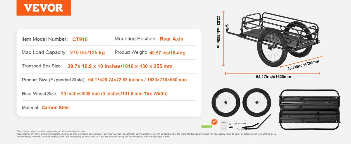 SucceBuy Remolque de carga para bicicletas de 275 libras Carro de vagón para bicicletas Almacenamiento compacto plegable con enganche universal Ruedas de 20" se adapta a la mayoría de bicicletas