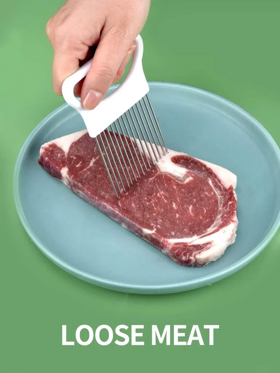 Rebanadas de cebollas sin esfuerzo con esta rebanadora de cebolla colorida, soporte para patatas fritas de acero inoxidable para cocina, 1 ud.