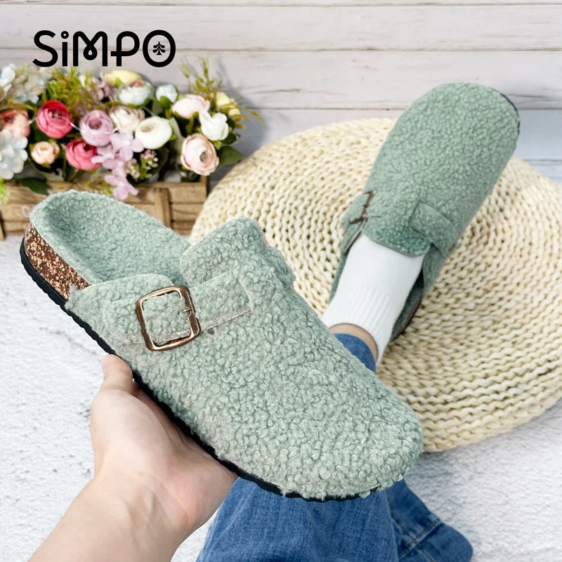 Otoño e Invierno nuevas mujeres y hombres tela de gamuza zapatilla de punta cerrada interior o exterior Slip-on Retro Sandalias planas duraderas