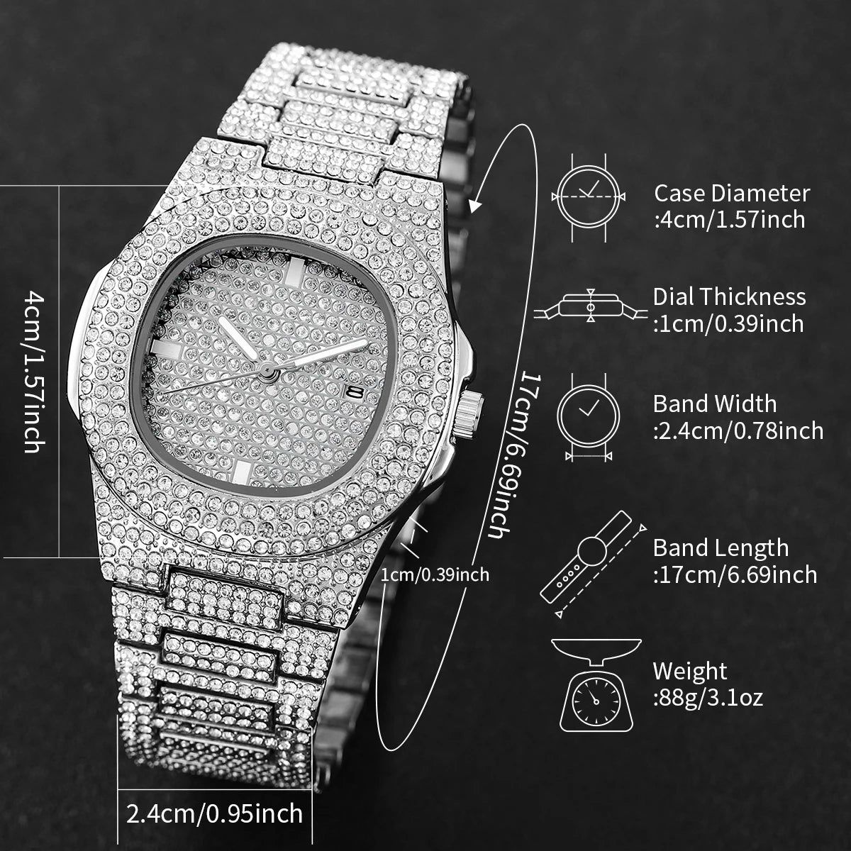 Relojes de Lujo para Hombre de Acero Inoxidable con Diamantes Completos, Reloj de Pulsera Deportivo de Cuarzo con Calendario